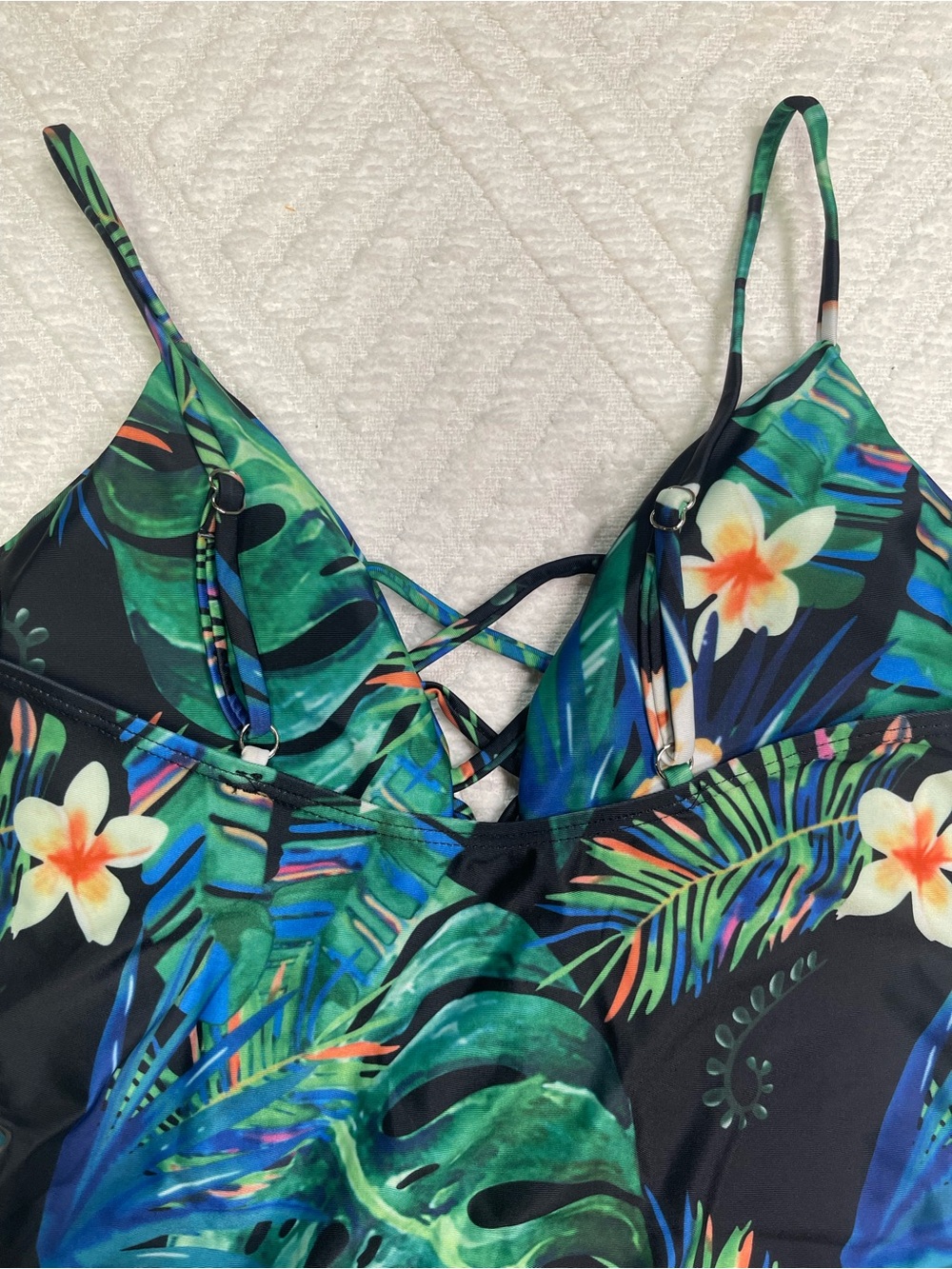 Tropical Floral One-Piece Swimsuit Green/Blue with Lace Up Front Size L - Picture 6 of 12